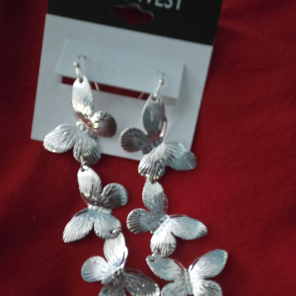 Nine West 3 Butterflies Silver Drop Earrings